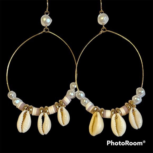 Gold Cowrie Shell White Freshwater Pearl Earrings Island Beach BIG Hoops Plated - Picture 2 of 11